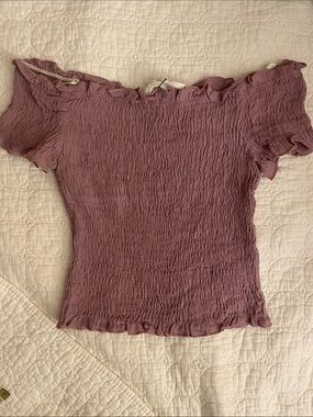 Salty lemon Smocked Off-Shoulder Crop Top in Dusty Mauve